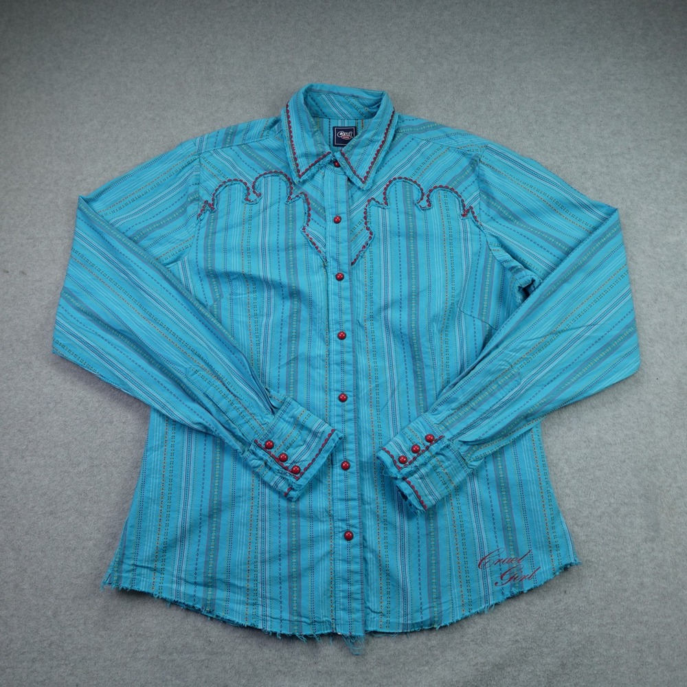 Cruel Girl Western Shirt Womens Medium Blue Striped Raw Hem Button Up